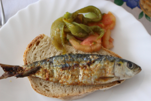 Pão, sardinha. tomate e pimentos